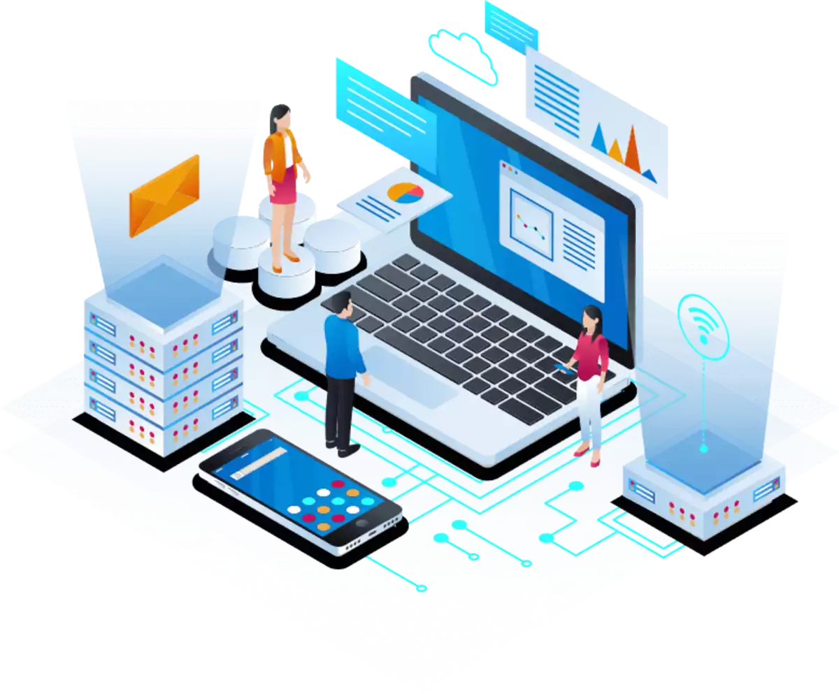 Ilustração de soluções digitais integradas para empresas